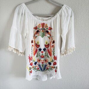 Umge Woman Peasant Embroidered Top Size S On or Off Shoulder Gauzy Tassels